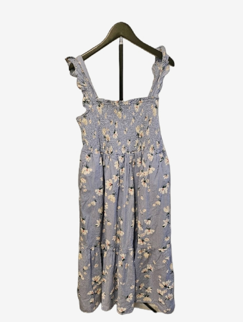 Smocked Floral Midi Dress in Light Blue